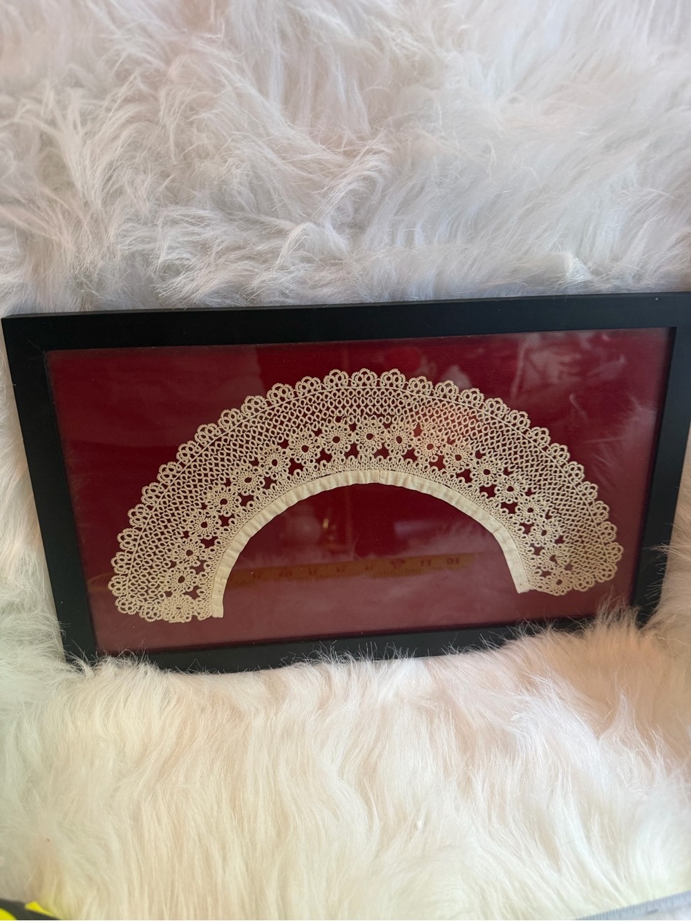 Framed Handcrafted Lace Collar on Burgundy Backing